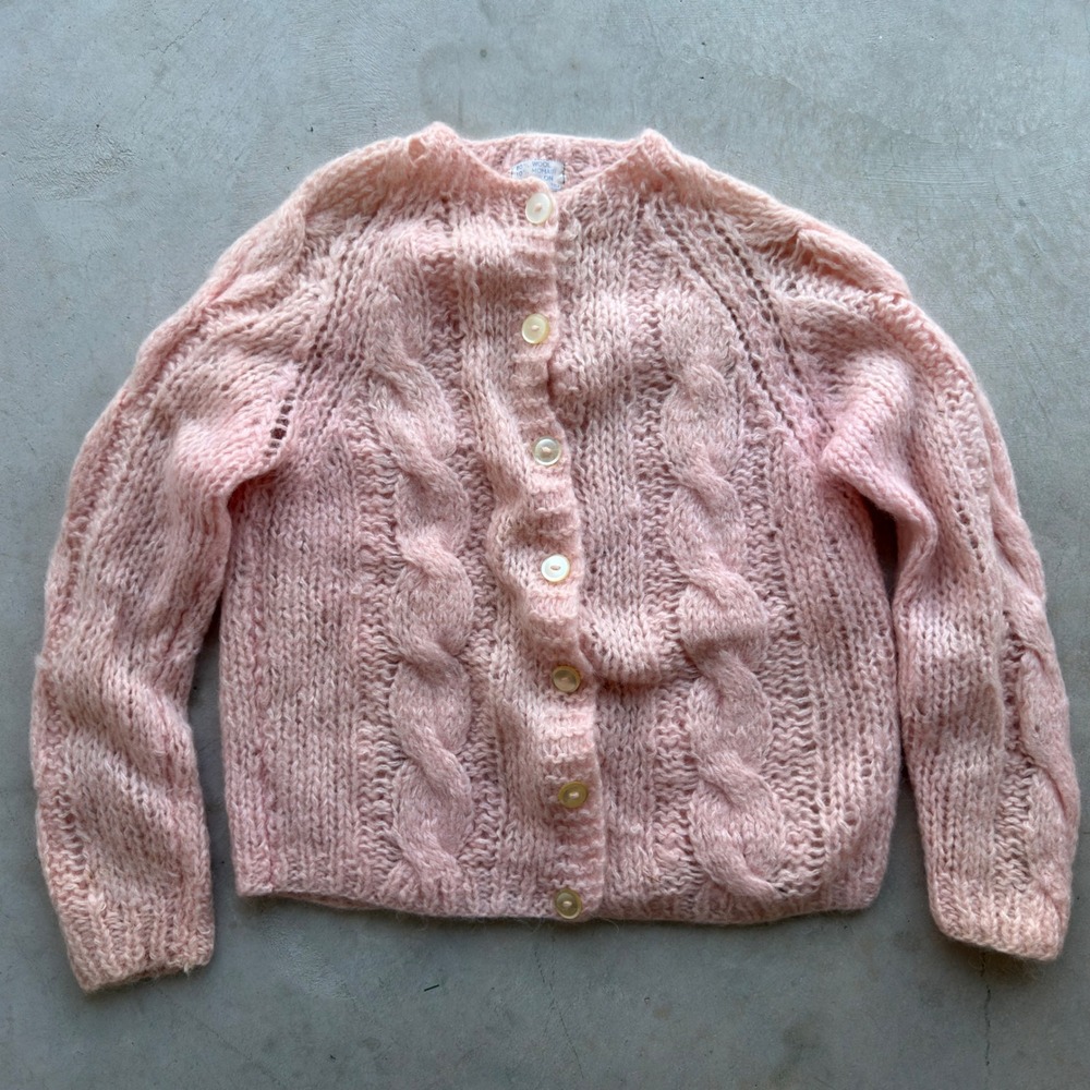 Vintage Handmade Italy Pink Mohair Wool Cable Knit Cardigan Sweater Women Small